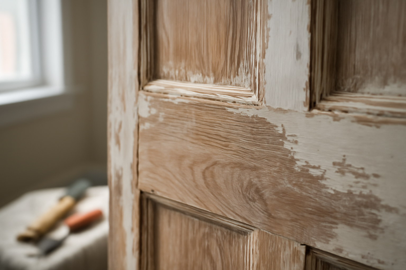 Avant/après : porte intérieure rénovée en bois peint, restauration sur mesure pour rénovation d'appartement