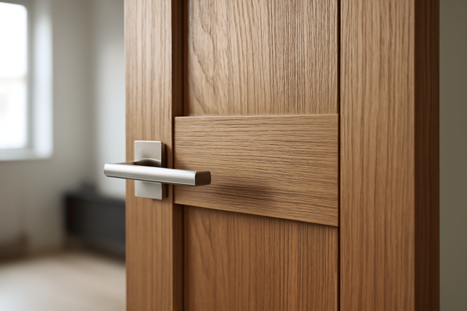 Vue latérale porte intérieure sur mesure peinte blanc mat, encadrement invisible et style minimaliste pour intérieur moderne