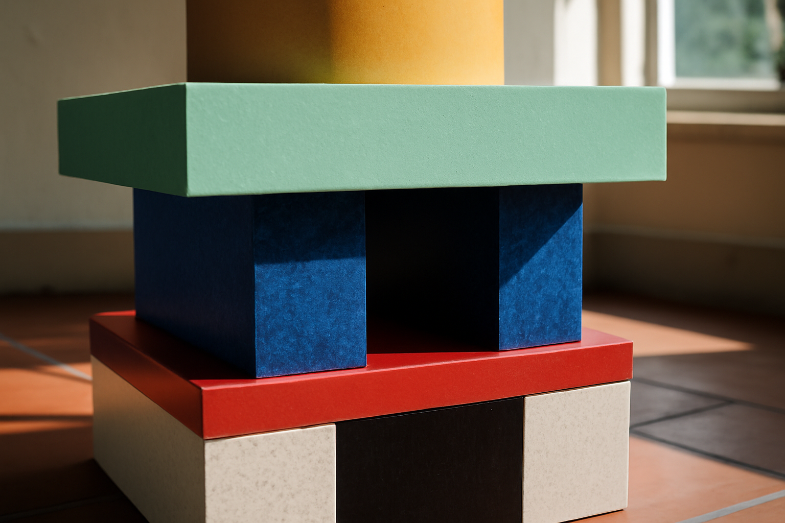 Détail intérieur avec mobilier géométrique et motifs vifs conçus par Ettore Sottsass (design Memphis)