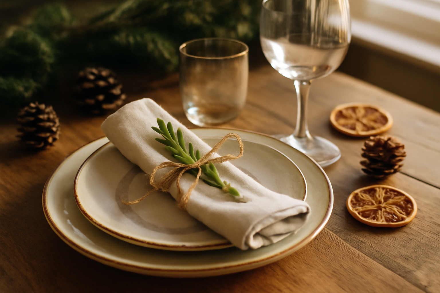 Gros plan du centre de table de Noël : bougies, branches de sapin et boules dorées pour une ambiance chaleureuse