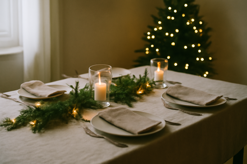 Table de Noël élégante avec centre de table, bougies, guirlandes et décorations rouges et dorées